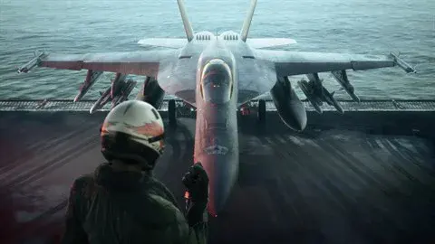 Un pilote casqué, de dos sur le pont d'un porte-avions, face à un chasseur prêt au catapultage dans Ace Combat 8: Wings of Theve