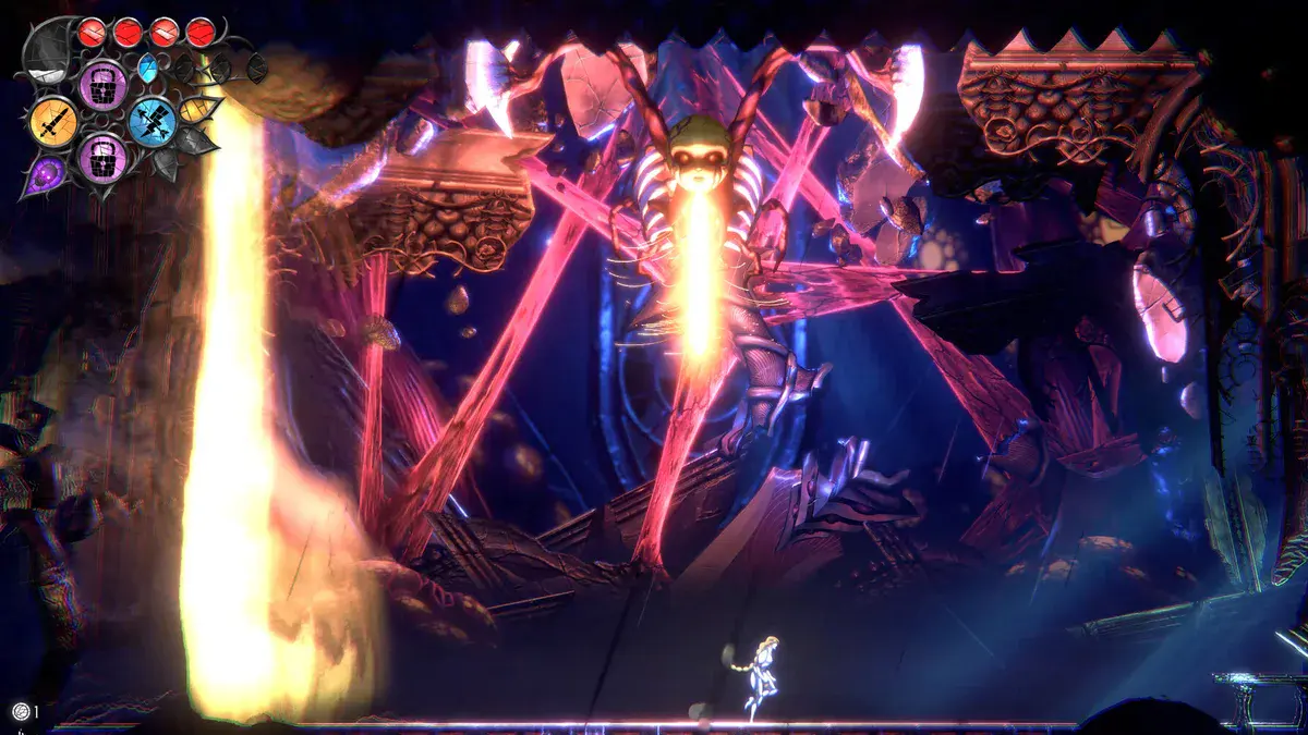La Reine de la Lumière face à un boss géant qui crache un rayon de feu dans Aeterna Lucis