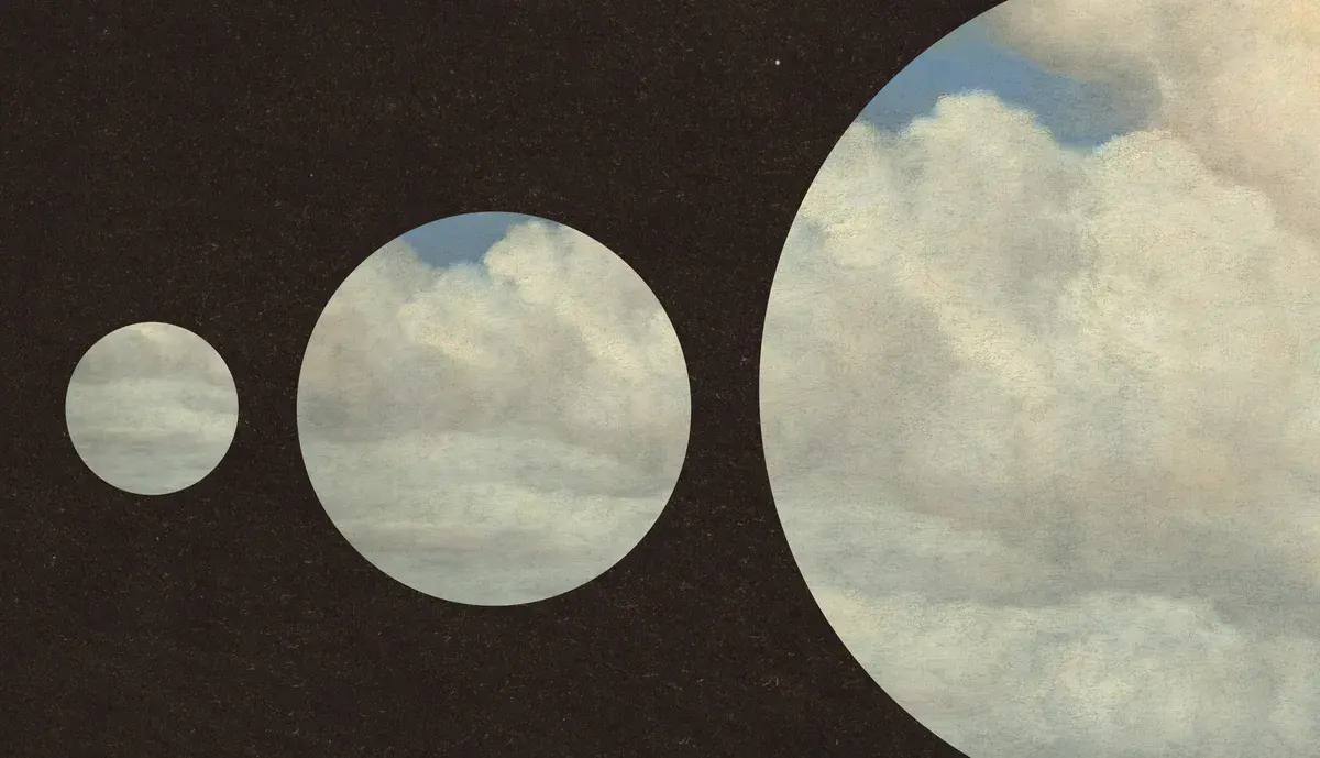 Illustration du prospectus d'Anthropic : trois cercles de taille croissante découpés dans un ciel nuageux peint, sur fond sombre
