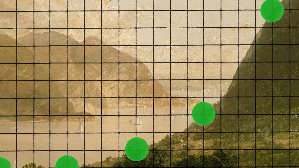 Illustration du prospectus d'Anthropic : une peinture de paysage de montagne et de lac recouverte d'une grille et de points verts qui montent