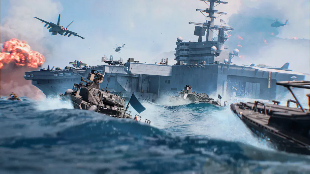 Des patrouilleurs fendent la houle devant un porte-avions survolé par un chasseur, visuel officiel de la Saison 4 de Battlefield 6