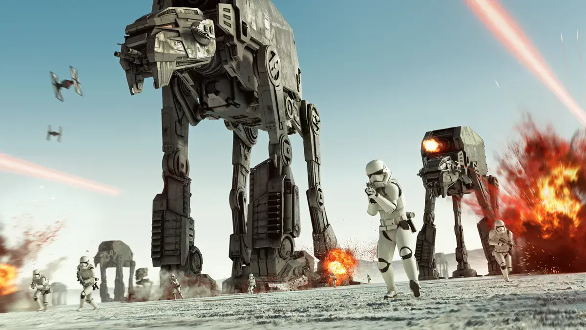Des stormtroopers du Premier Ordre et des marcheurs AT-M6 à l'assaut sur la planète Crait, capture officielle de Star Wars Battlefront II