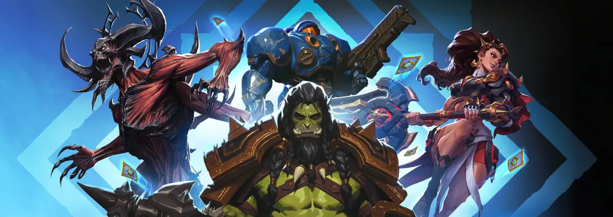 Visuel officiel de la BlizzCon 2026 réunissant un démon de Diablo, un marine de StarCraft, un orc de Warcraft et une héroïne armée d'une masse, entourés de cartes Hearthstone