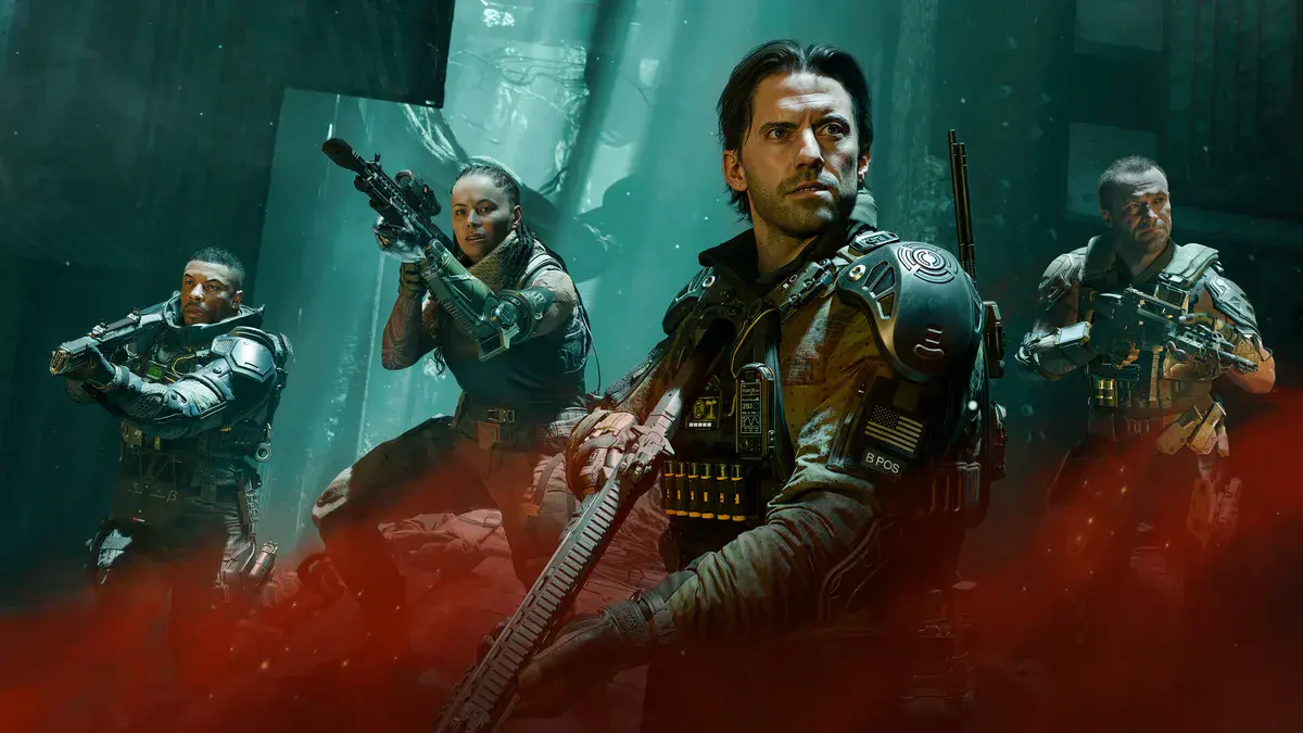 David Mason et trois membres de son escouade, armes en main, dans un décor baigné de lumière verte, dans Call of Duty: Black Ops 7