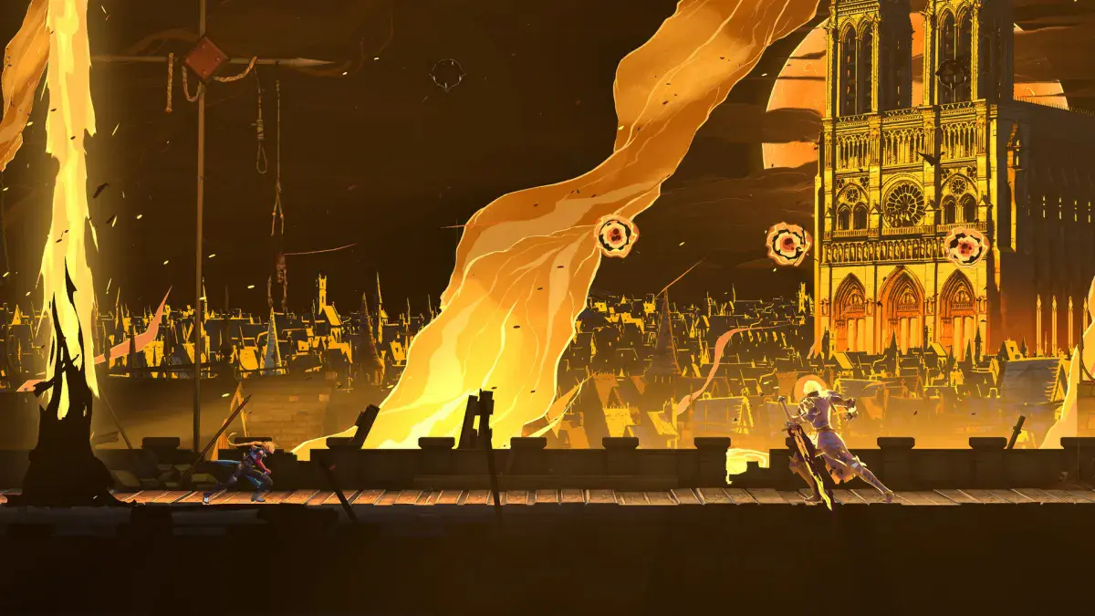 Rose Belmont court sur un rempart vers un chevalier en armure, devant Notre-Dame de Paris en flammes, dans Castlevania: Belmont's Curse