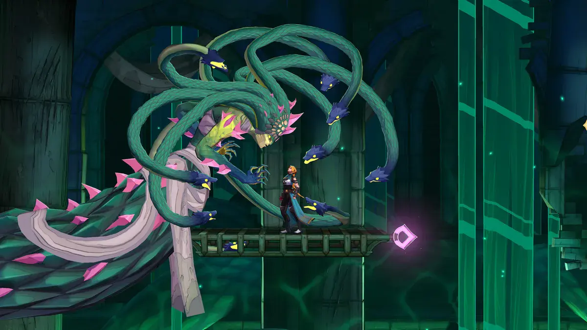 Rose Belmont, debout sur une passerelle, fait face à une créature géante à la chevelure de serpents dans Castlevania: Belmont's Curse