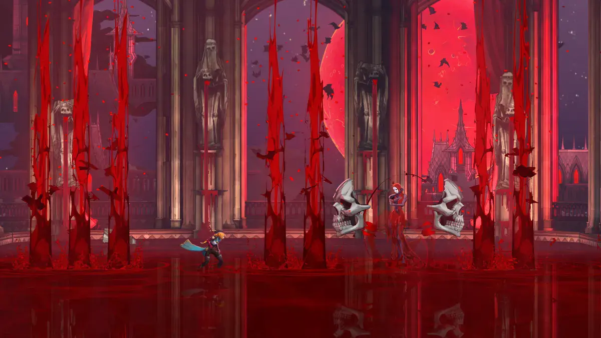 Rose Belmont face à une vampire en robe de sang, dans une salle inondée de sang sous une lune rouge, dans Castlevania: Belmont's Curse