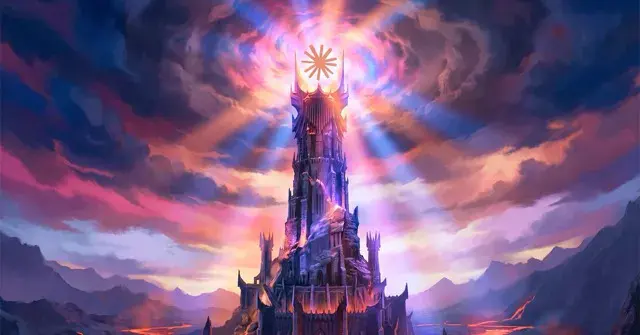 Tour sombre coiffée du logo de Claude, dans le style de Barad-dûr, sous un ciel embrasé