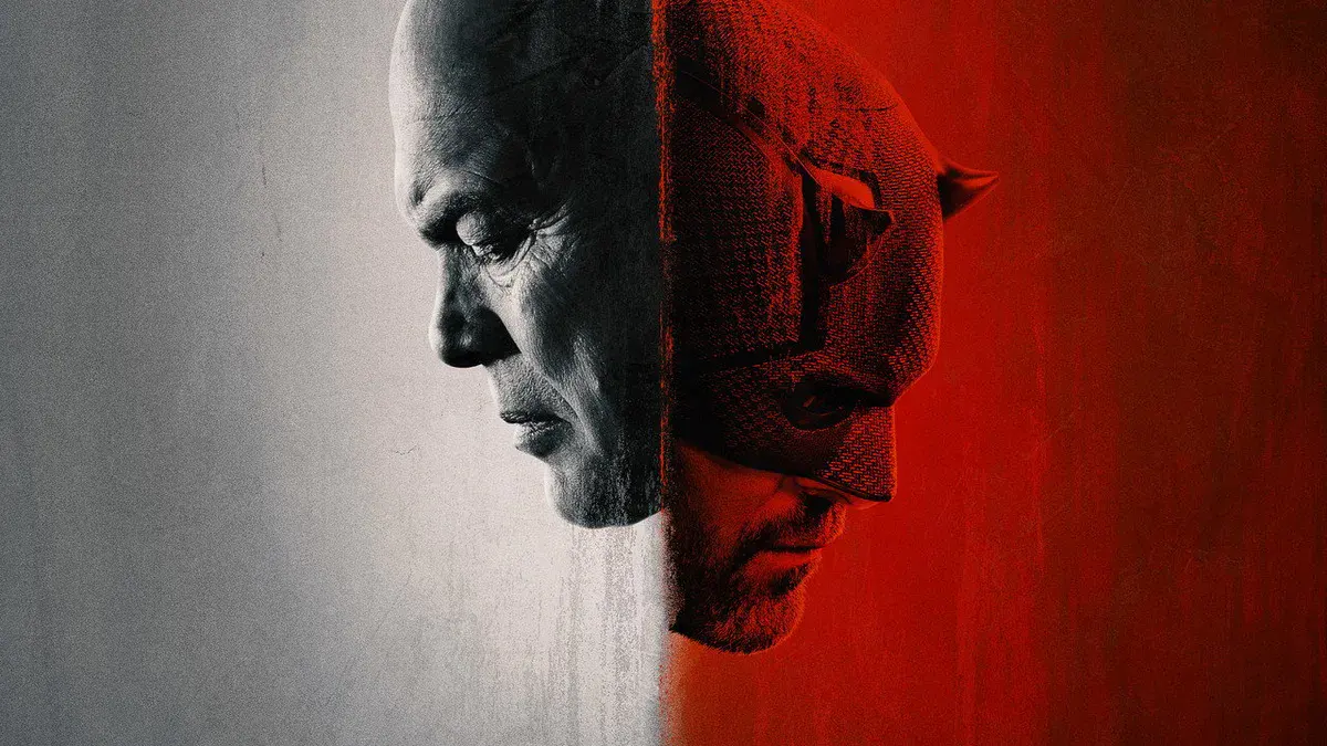 Visuel officiel de Daredevil: Born Again, le profil de Wilson Fisk en noir et blanc collé au masque rouge de Daredevil