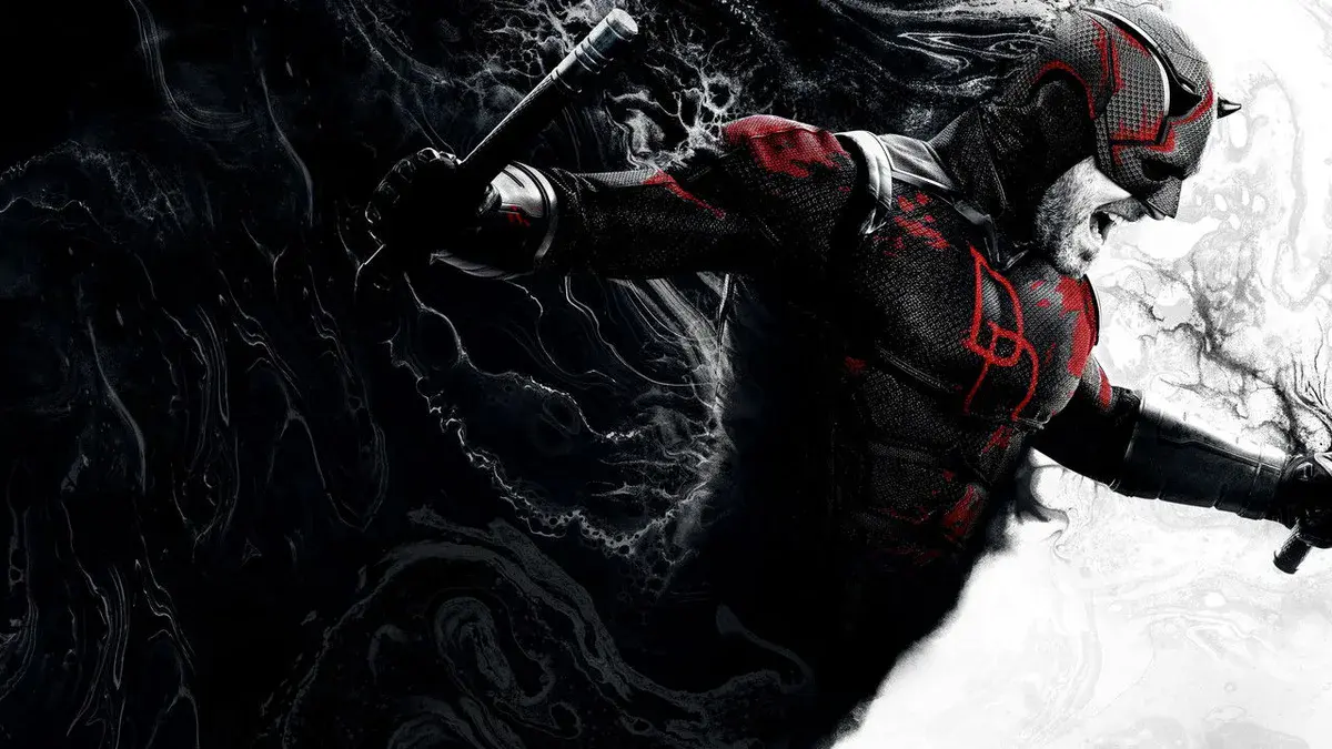 Visuel officiel de Daredevil: Born Again, Matt Murdock en costume noir et rouge, une matraque à la main