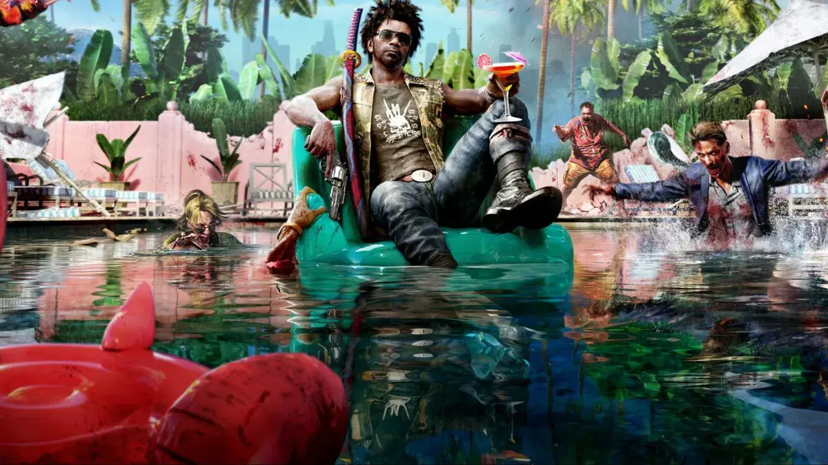 Un survivant en lunettes de soleil, cocktail à la main, flotte sur un fauteuil gonflable dans une piscine envahie de zombies, dans Dead Island 2