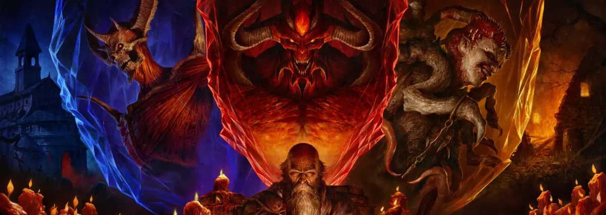Illustration de la Saison de l'héritage infernal de Diablo IV, avec Baal, Diablo et Méphisto dans des éclats de cristal au-dessus de Deckard Cain entouré de bougies, la cathédrale de Tristram à gauche