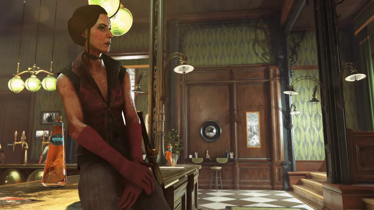 Dishonored : La Mort de l'Outsider, une femme accoudée au comptoir d'un bar de Karnaca aux murs Art nouveau