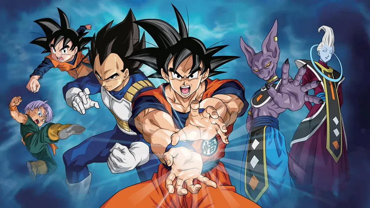 Goku prépare un Kamehameha aux côtés de Vegeta, Trunks, Beerus et Whis dans Dragon Ball Super