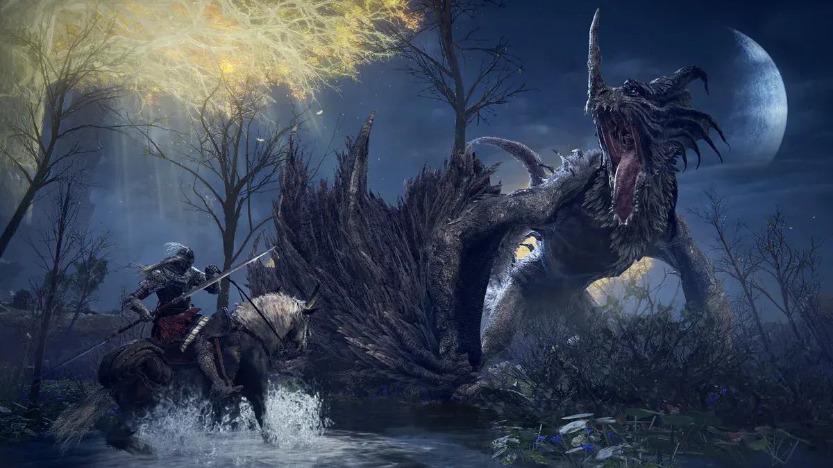Un Sans-éclat à cheval affronte un dragon sous l'Arbre-Monde dans le jeu Elden Ring