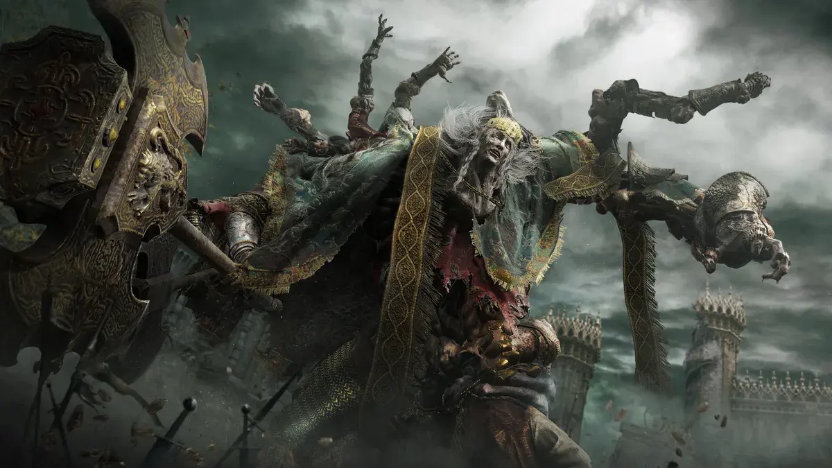 Godrick le Greffé, boss aux bras greffés, dans le jeu vidéo Elden Ring de FromSoftware