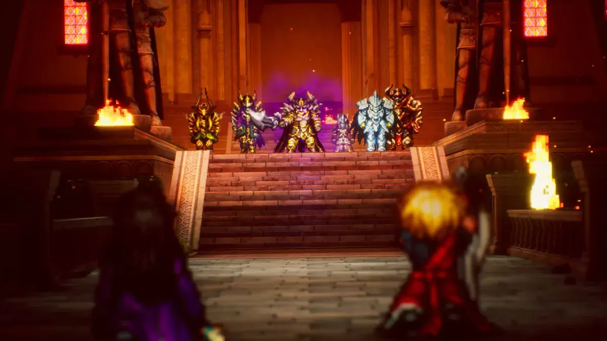 Six guerriers en armure attendent en haut d'un escalier de palais face à deux héros vus de dos, dans Final Fantasy Resonance
