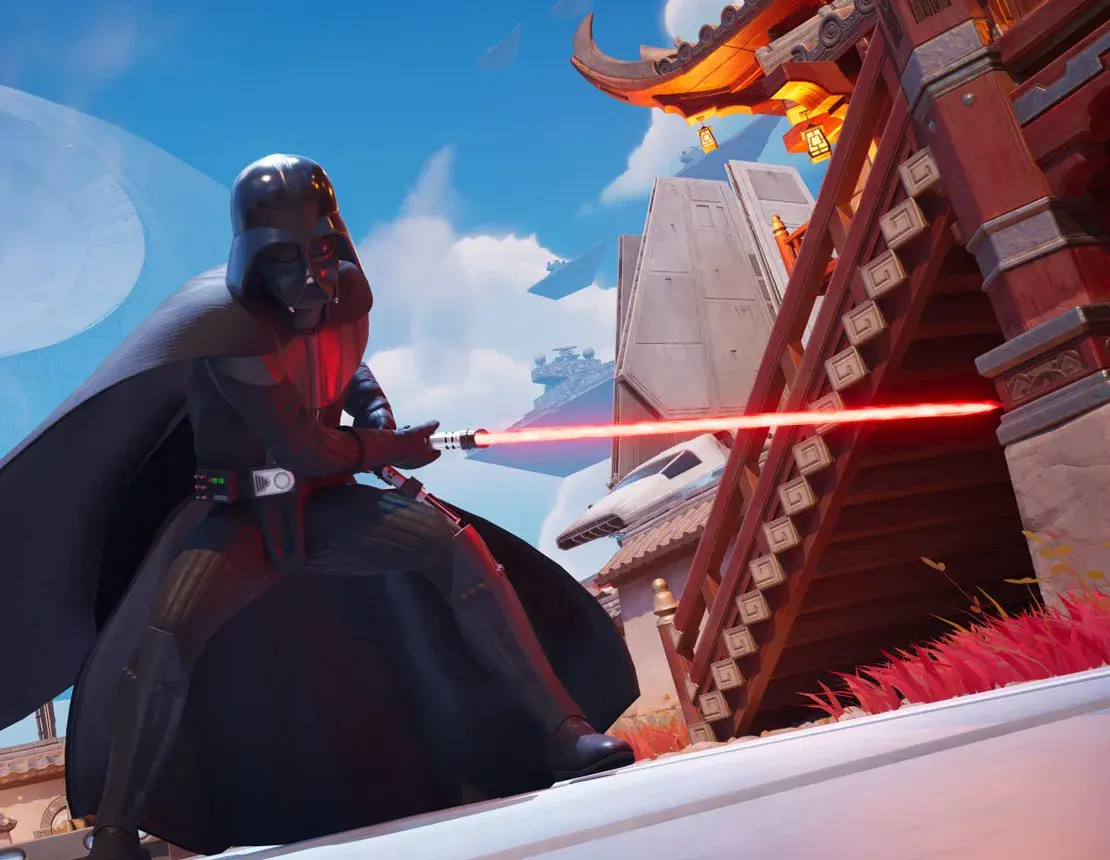 Dark Vador, sabre laser rouge en main, sur un toit de l'île de Fortnite pendant la saison Star Wars d'Epic Games