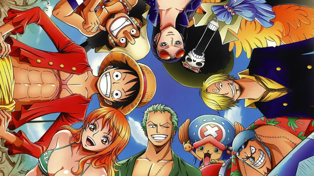 L'équipage au chapeau de paille de One Piece réuni en cercle autour de Luffy, avec Nami, Zoro, Sanji, Chopper et Robin