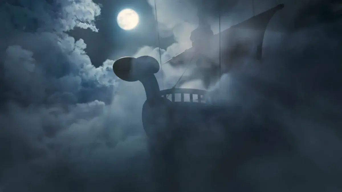Le Vogue Merry de One Piece émerge des nuages sous la pleine lune dans le teaser Fortnite x One Piece d'Epic Games
