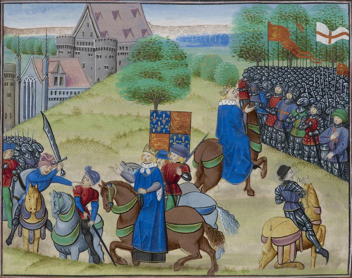 Miniature des Chroniques de Froissart (vers 1475-1483) montrant le maire William Walworth frappant Wat Tyler à Smithfield, tandis que le jeune Richard II s'adresse aux rebelles