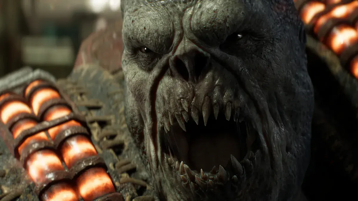 Un Locuste rugit en gros plan, crocs apparents, dans Gears of War: E-Day