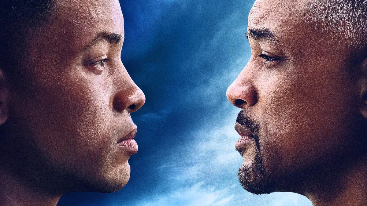 Will Smith face à sa version rajeunie, de profil, sur un visuel officiel de Gemini Man