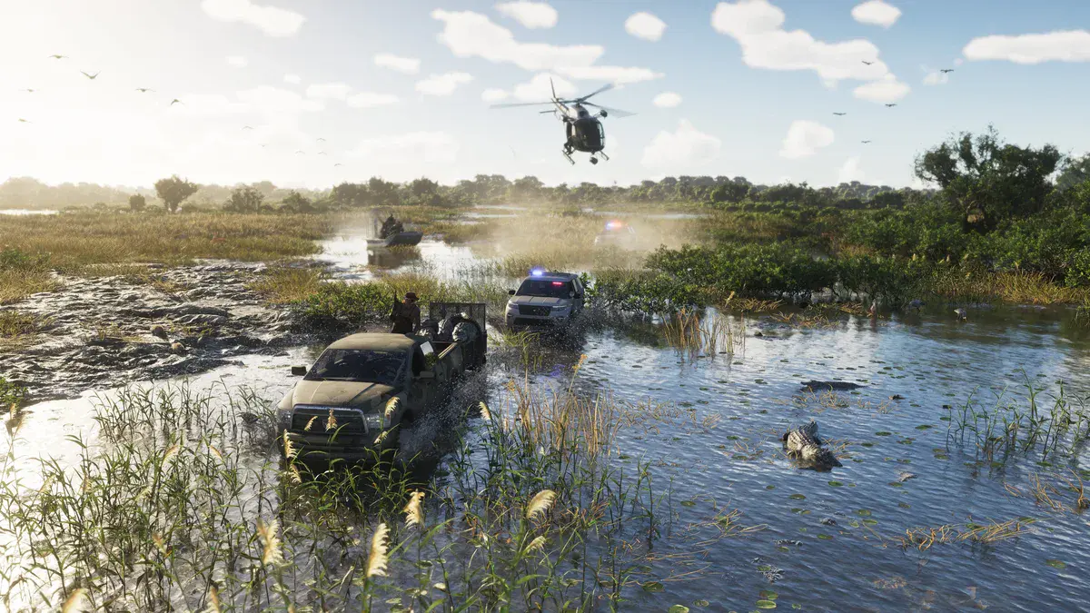 GTA 6 : poursuite policière dans les marais de Grassrivers, pick-up, voiture de police, hélicoptère et alligators, capture officielle Rockstar