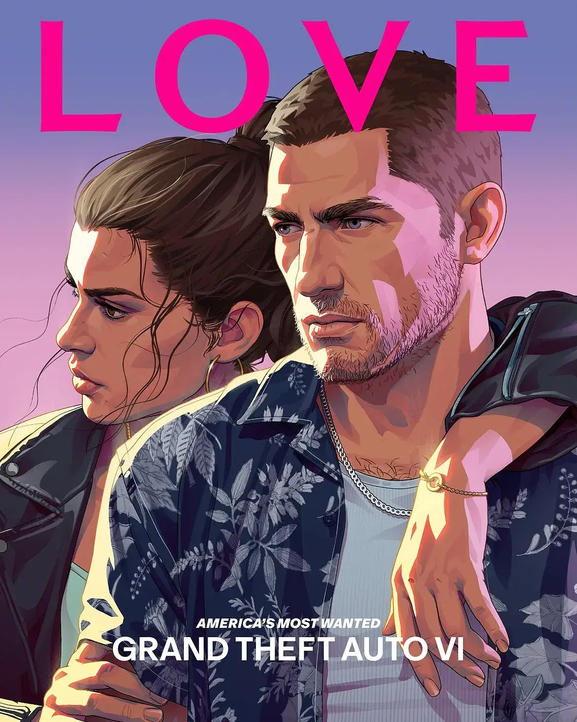 Couverture du numéro 27 de LOVE magazine avec Jason et Lucia en illustration, accroche America's Most Wanted, GTA 6