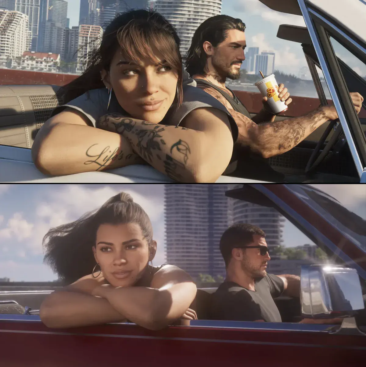 GTA 6 : en haut, la capture officielle de Lucia, frange et bras tatoués, accoudée à un cabriolet blanc conduit par Jason aux cheveux longs ; en bas, Lucia en queue de cheval et Jason en lunettes de soleil dans un cabriolet rouge, dans la bande-annonce de lancement