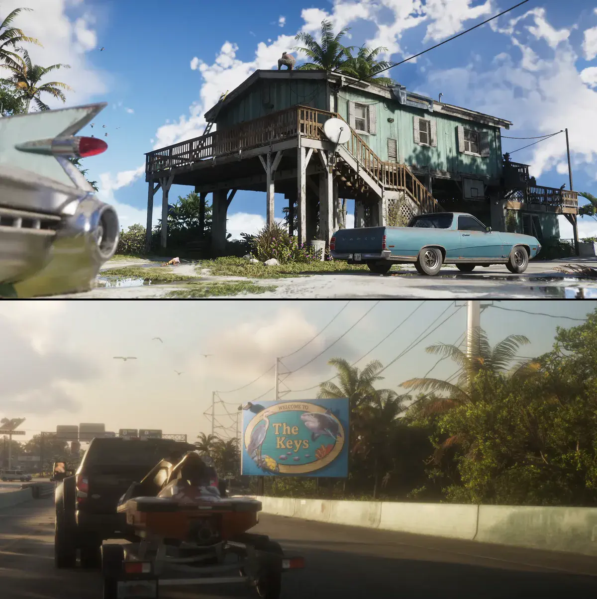 GTA 6 : en haut, une maison sur pilotis des Keys en plein midi sous un ciel bleu, dans la deuxième bande-annonce ; en bas, un pick-up qui remorque un jet-ski devant le panneau des Keys, à contre-jour, dans la bande-annonce de lancement