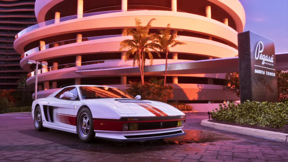 La Grotti Cheetah de 1995, sportive blanche à bandes rouges de l'Édition Ultime de GTA 6, garée devant une tour ronde de Vice City au coucher du soleil