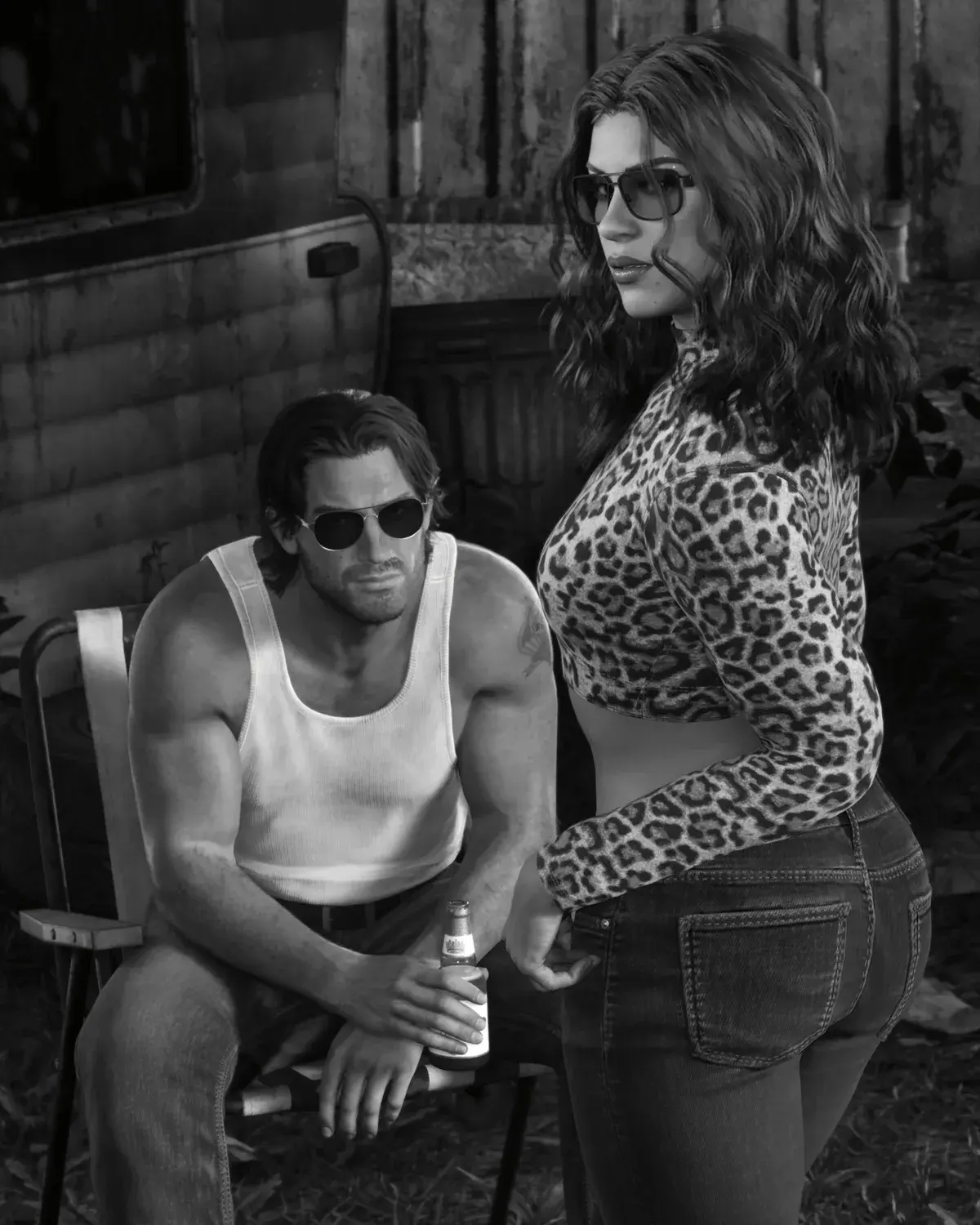 Jason, lunettes noires et débardeur, assis devant un mobile home, et Lucia en haut léopard, en noir et blanc dans LOVE magazine, GTA 6