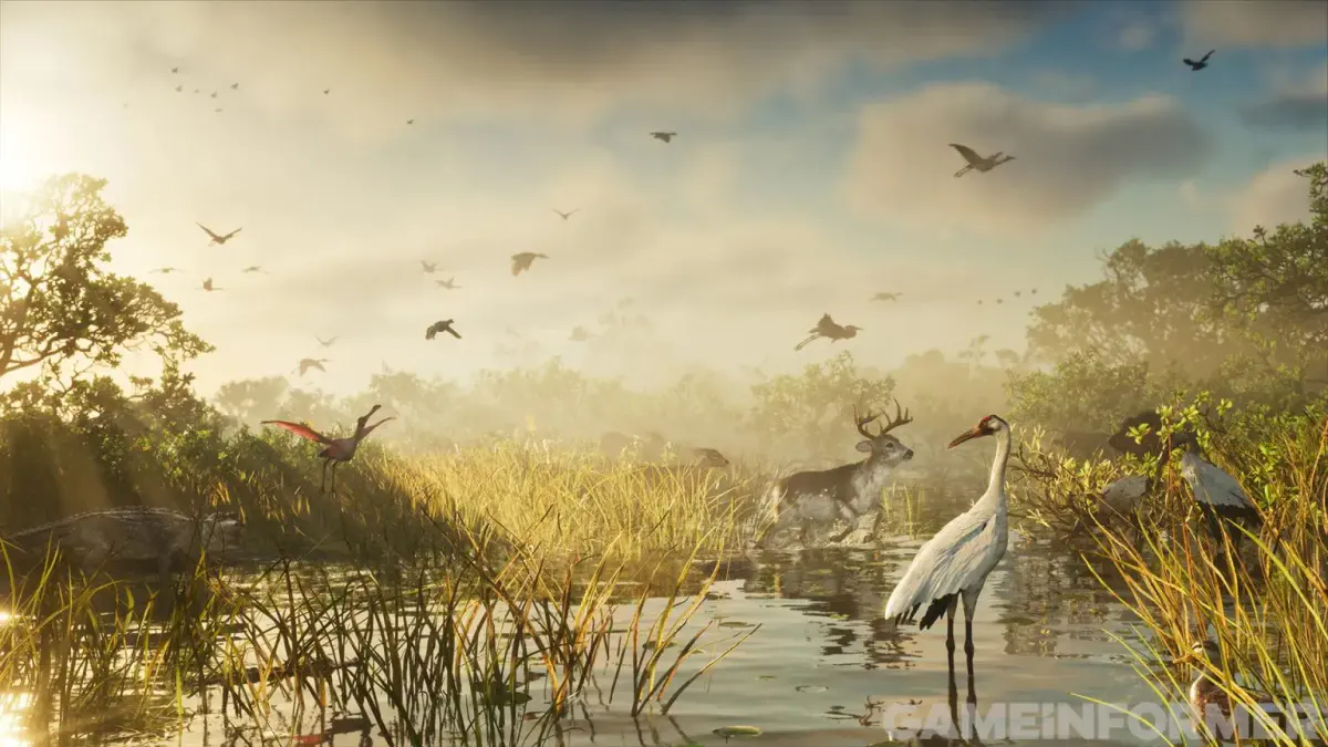 Un cerf et des échassiers dans un marais de Leonida au lever du soleil, une nuée d'oiseaux dans le ciel, dans GTA 6