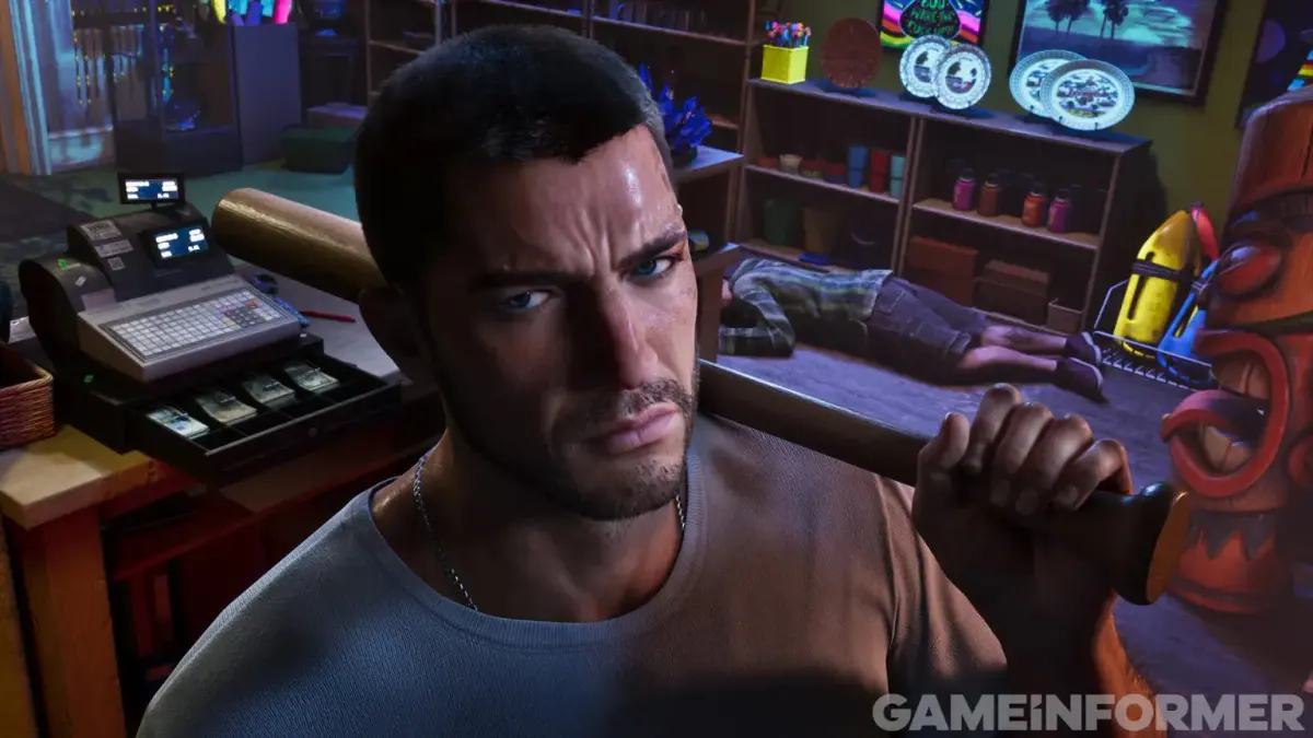 Un homme, batte de baseball sur l'épaule, dans une boutique de souvenirs où un corps gît au sol dans GTA 6