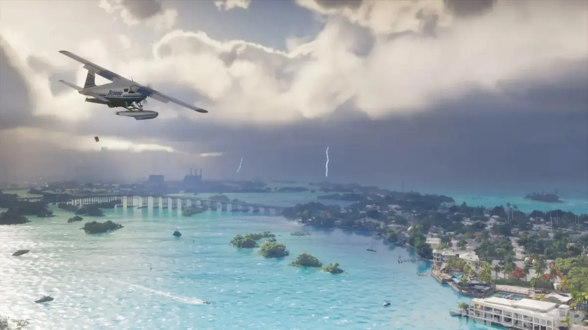 Un hydravion survole les îles de Leonida sous un ciel d'orage zébré d'éclairs dans GTA 6