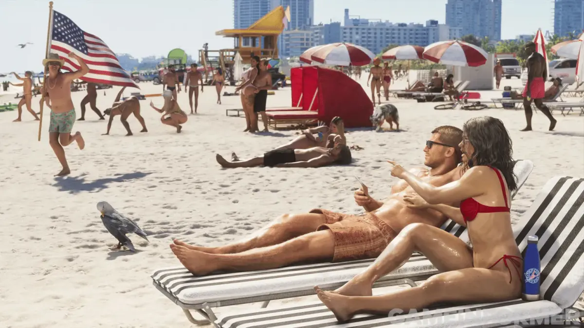 Une plage bondée de Vice City, un couple sur des transats au premier plan et un homme qui court avec un drapeau américain dans GTA 6