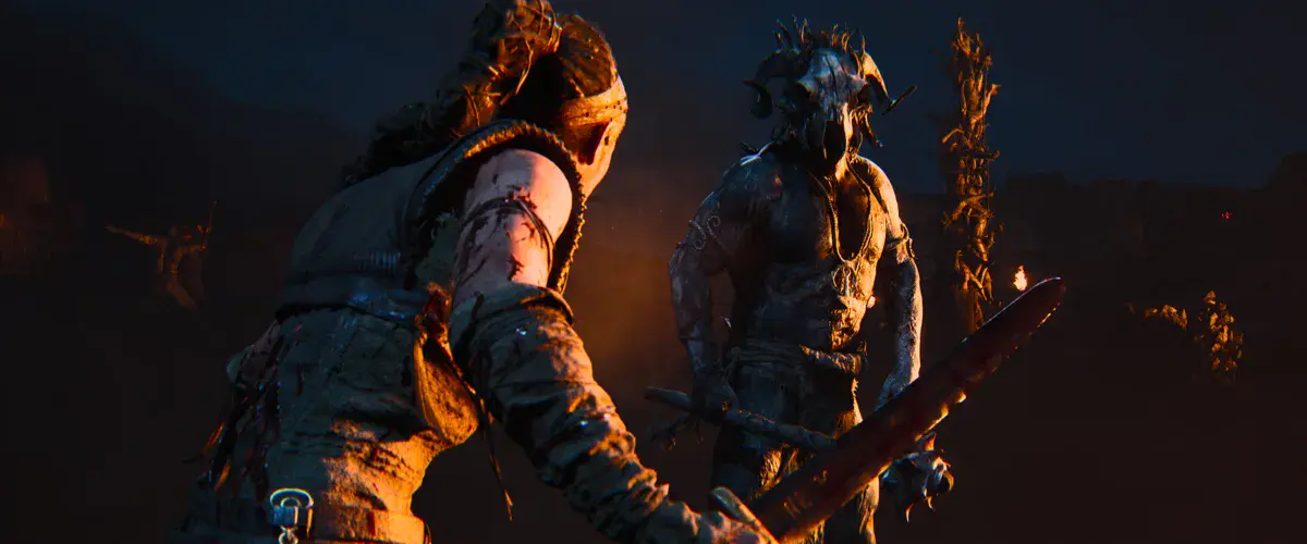 Senua's Saga: Hellblade II, Senua face à un guerrier draugr armé d'une massue, de nuit