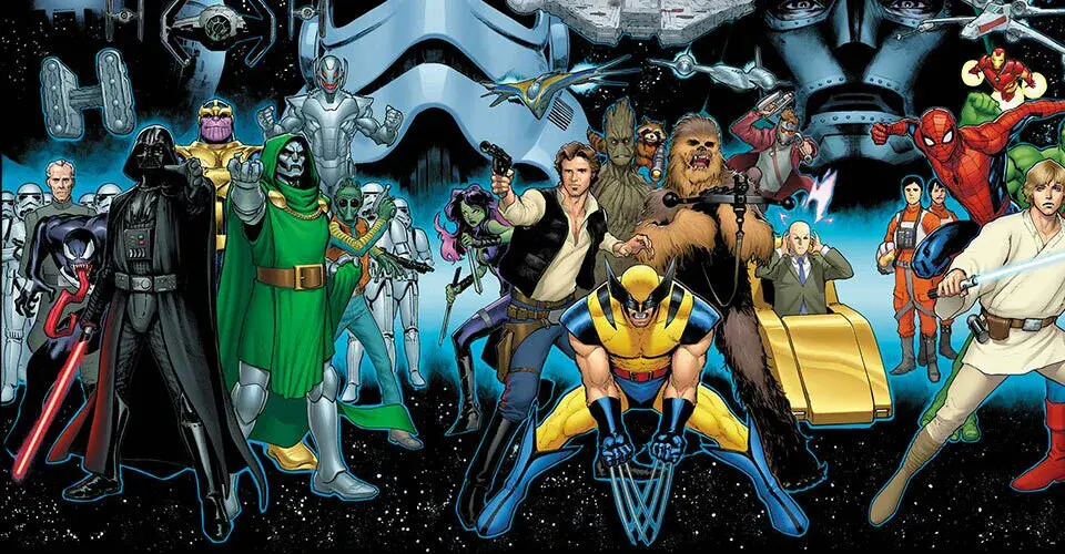 Dark Vador, Fatalis, Venom, Han Solo, Wolverine, Chewbacca et Luke Skywalker réunis sur la fresque de couvertures de la bande dessinée Star Wars/Marvel: Hope Assembles dessinée par David Marquez