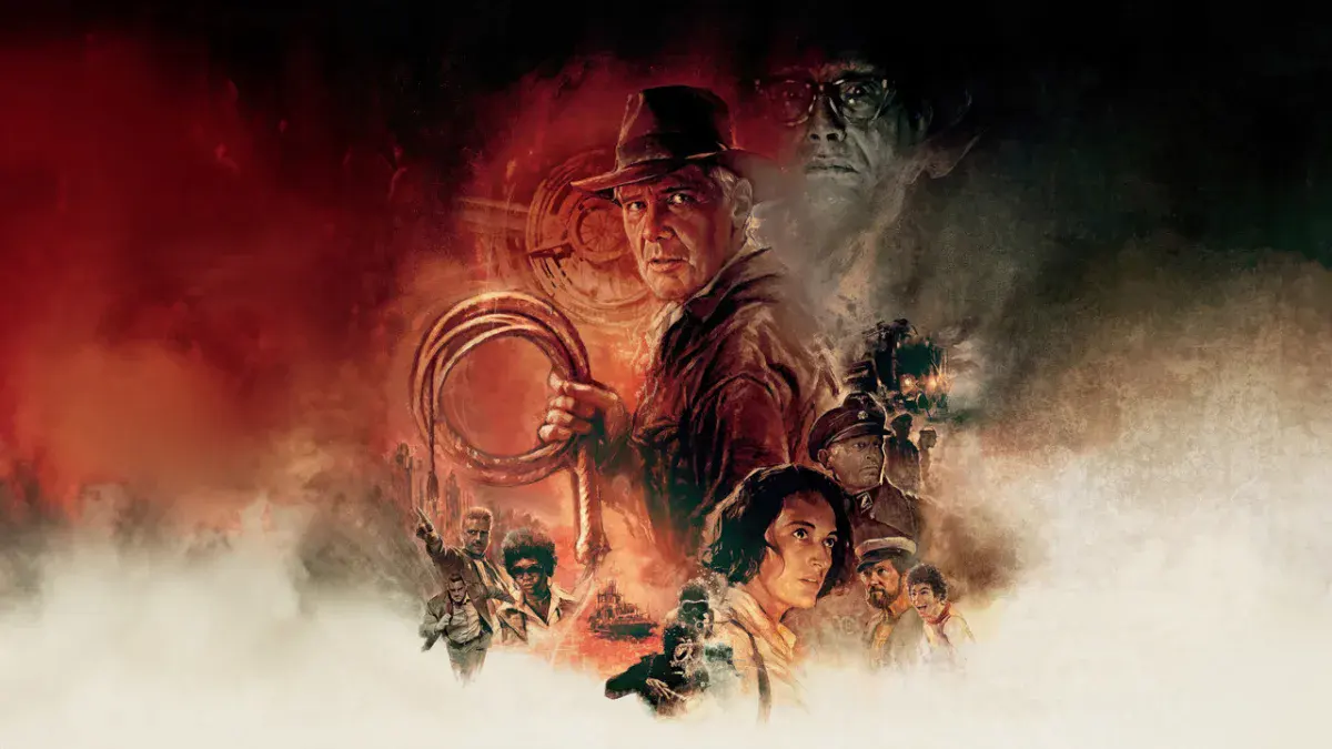 Harrison Ford en Indiana Jones, chapeau sur la tête et fouet à la main, sur un visuel officiel d'Indiana Jones et le Cadran de la destinée