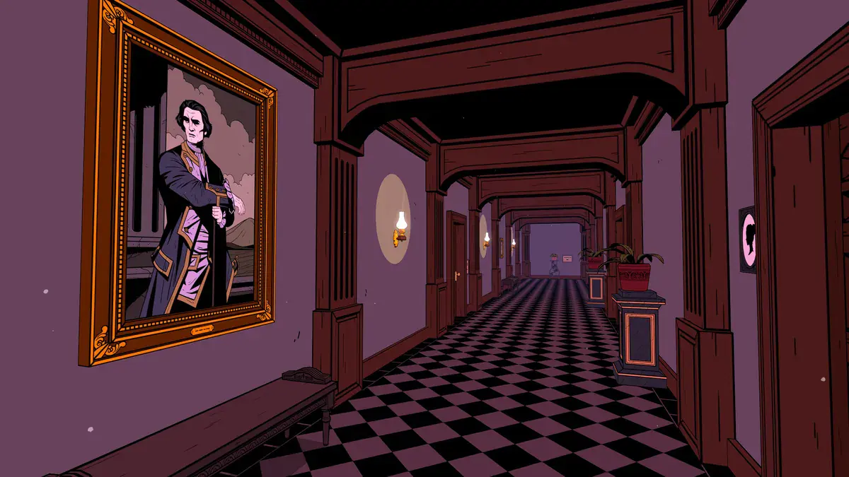 Un couloir d'hôtel victorien à damier, éclairé de lampes à huile, sous le portrait d'un aristocrate dans The Séance of Blake Manor