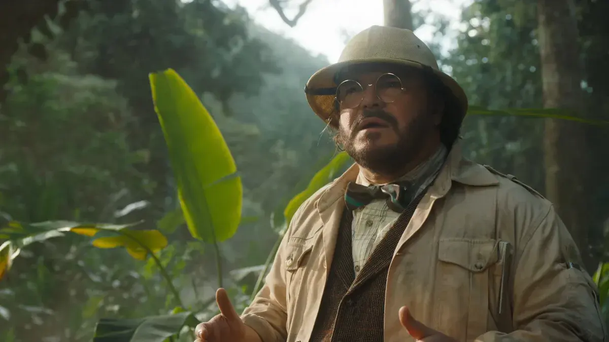 Jack Black en professeur Oberon dans la jungle, photo officielle de Jumanji : Bienvenue dans notre monde