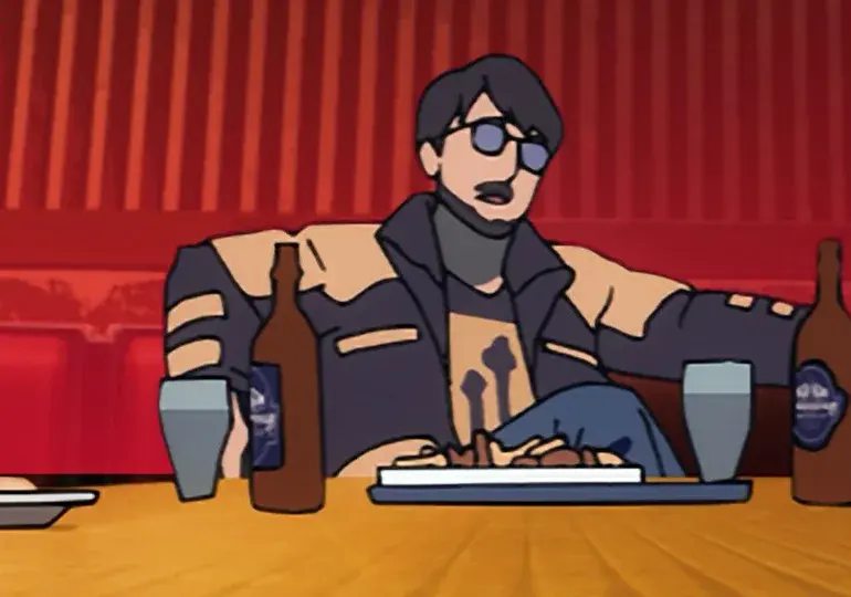 Hideyoshi Oshima, dessiné d'après Hideo Kojima, assis à une table entre deux bouteilles dans Cyberpunk: Edgerunners 2