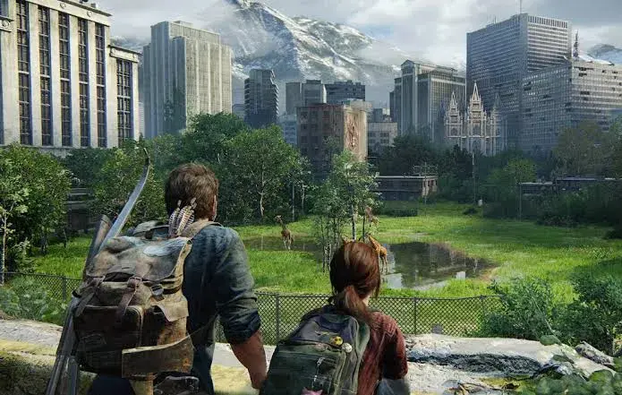 Et homme et une adolescente découvre un parc apocalyptique dans last of us