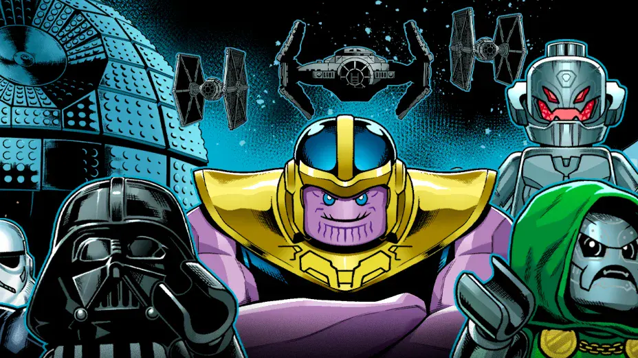 Dark Vador, Thanos, Fatalis et Ultron en minifigurines Lego dessinées, devant une Étoile de la Mort en briques et des chasseurs TIE, sur l'affiche du concours LEGO Ideas Hope Assembles