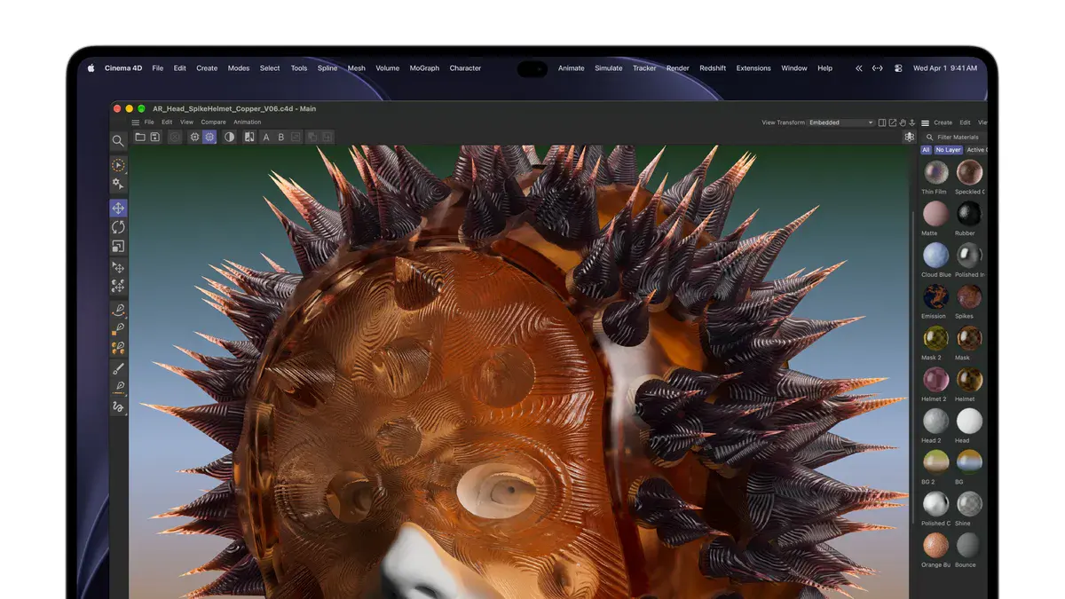 Une sculpture 3D cuivrée hérissée de pointes ouverte dans Cinema 4D sur l'écran PROLED XDR du nouveau MacBook Pro, avec la Dynamic Island en haut