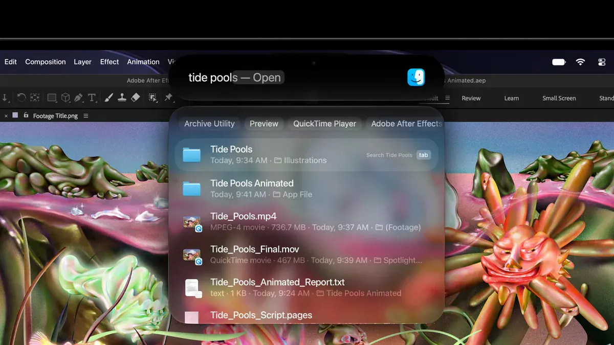 La Dynamic Island du MacBook Pro PROLED XDR déroule une recherche Spotlight par-dessus un projet ouvert dans After Effects