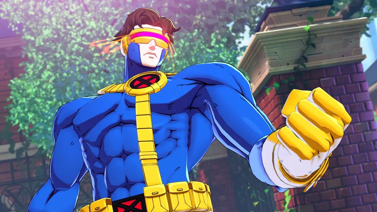 Cyclope dans son costume bleu et jaune des X-Men, l'un de ses deux costumes en contenu téléchargeable dans Marvel Tōkon