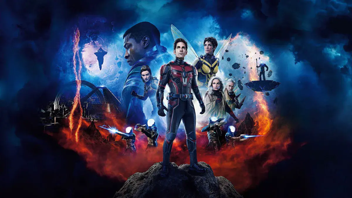 Kang le Conquérant, joué par Jonathan Majors, derrière Ant-Man et la Guêpe sur un visuel d'Ant-Man et la Guêpe : Quantumania