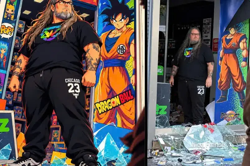 Gérant micromaniandebout à côté d’un poster san goku